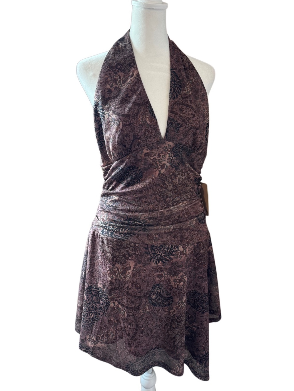 NWT Persaya XL Brown Purple Paisley Halter Backless Mini Dress